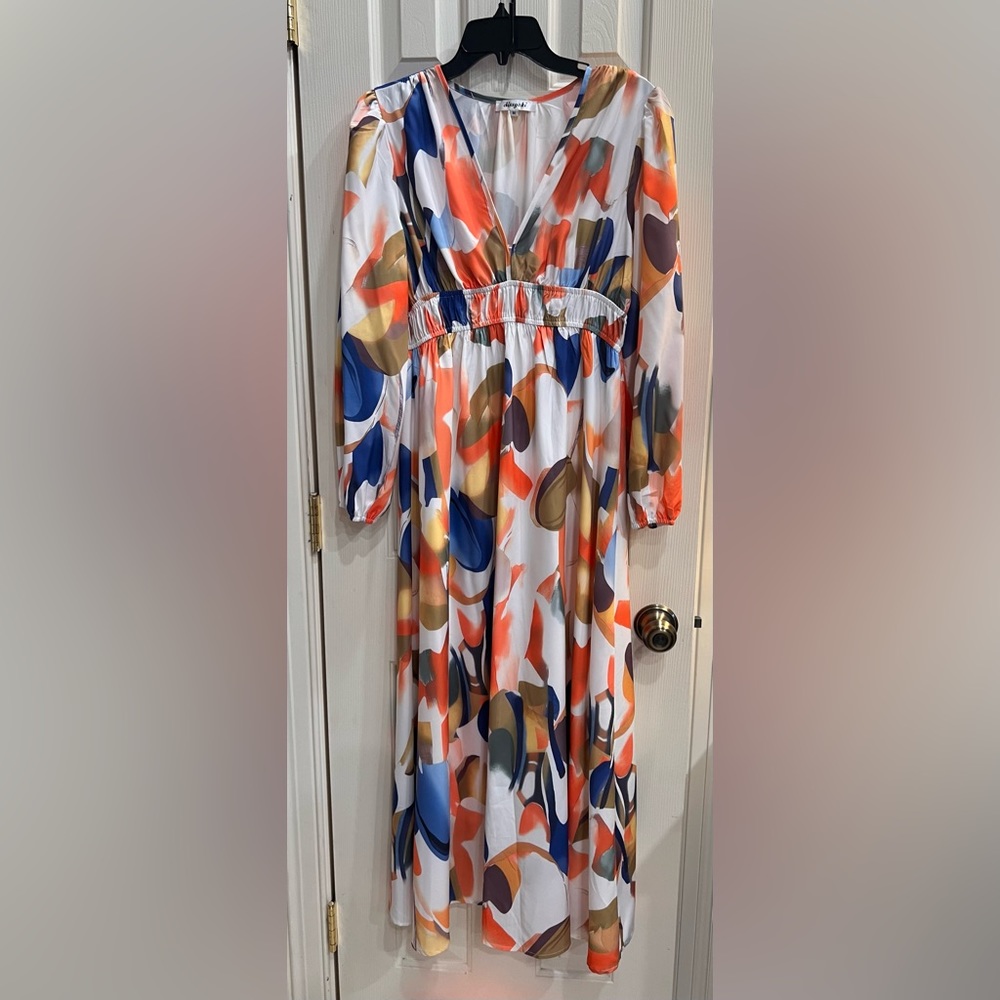 Boutique L/S Spring Maxi Dress Sz. M Ivory, Navy,Orange Wedding Guest Cocktail